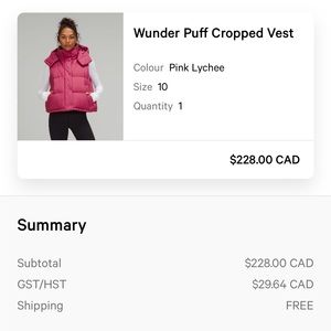 Lululemon Wunder puff cropped vest pink lychee size 10